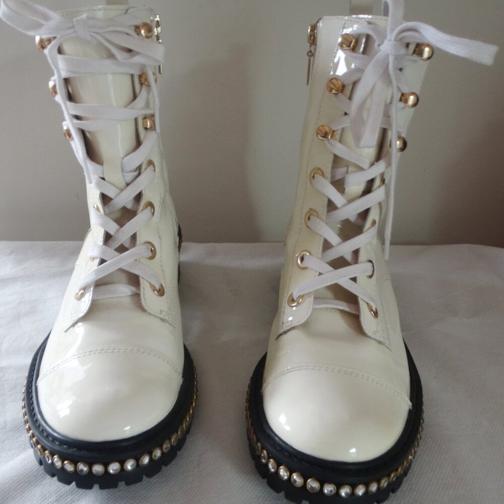 Schutz “Andorra” White Patent Leather Laced Up Combat Boots W/ Rhinestones US 9B - Picture 4 of 12